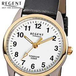 Regent Damen-Armbanduhr klassisch Titan Quarz-Uhr Leder schwarz weiß URF661