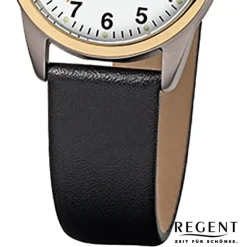 Regent Damen-Armbanduhr klassisch Titan Quarz-Uhr Leder schwarz weiß URF661