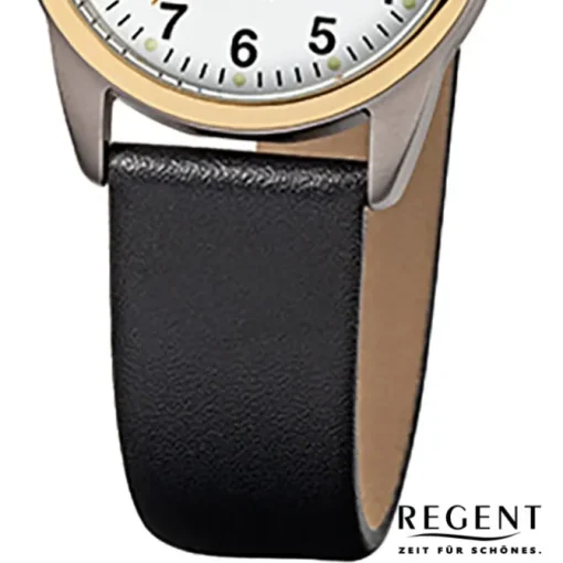 Regent Damen-Armbanduhr klassisch Titan Quarz-Uhr Leder schwarz weiß URF661