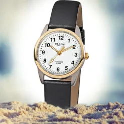 Regent Damen-Armbanduhr klassisch Titan Quarz-Uhr Leder schwarz weiß URF661