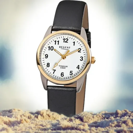 Regent Damen-Armbanduhr klassisch Titan Quarz-Uhr Leder schwarz weiß URF661