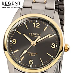 Regent Damen-Armbanduhr Mineralglas Quarz Titan grau silber gold URF429