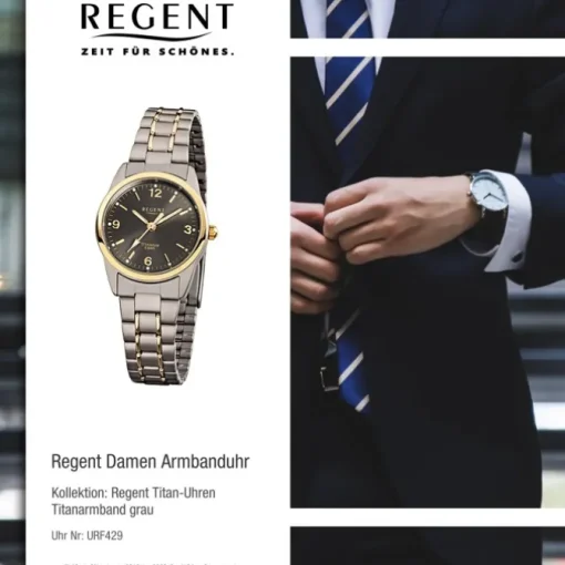 Regent Damen-Armbanduhr Mineralglas Quarz Titan grau silber gold URF429