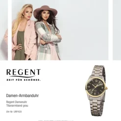 Regent Damen-Armbanduhr Mineralglas Quarz Titan grau silber gold URF429