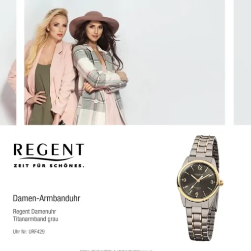 Regent Damen-Armbanduhr Mineralglas Quarz Titan grau silber gold URF429