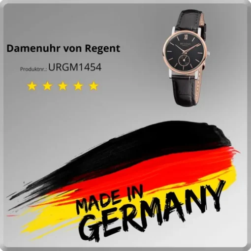 Regent Damen-Armbanduhr Quarz-Uhr Leder-Armband schwarz Uhr URGM1454