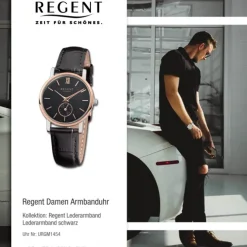 Regent Damen-Armbanduhr Quarz-Uhr Leder-Armband schwarz Uhr URGM1454
