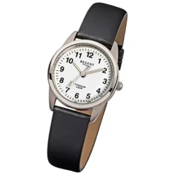 Regent Damen-Armbanduhr Titan Quarz-Uhr klassisch Leder schwarz weiß URF441