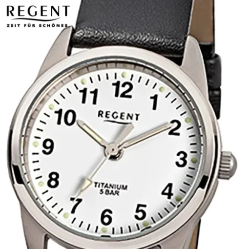 Regent Damen-Armbanduhr Titan Quarz-Uhr klassisch Leder schwarz weiß URF441