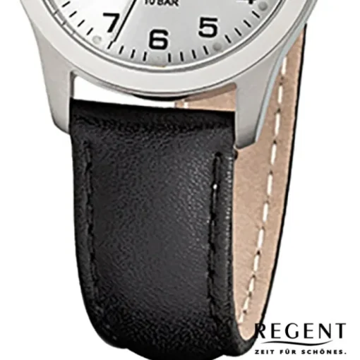 Regent Damen-Armbanduhr Titan-Uhr Quarz Leder schwarz Leuchtzeiger Uhr URF899