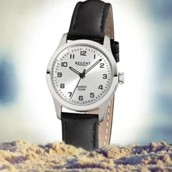 Regent Damen-Armbanduhr Titan-Uhr Quarz Leder schwarz Leuchtzeiger Uhr URF899