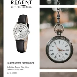 Regent Damen-Armbanduhr Titan-Uhr Quarz Leder schwarz Leuchtzeiger Uhr URF899