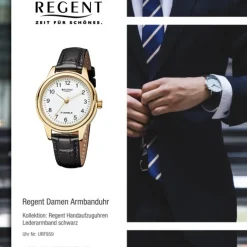 Regent Damenuhr Handaufzug Leder schwarz Gehäuse ionenplattiert Gold Uhr URF1395 URF959