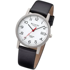 Regent Herren Armbanduhr Analog F-1225 Quarz-Uhr Leder schwarz URF1225