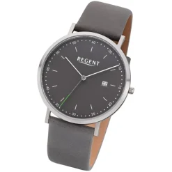Regent Herren Armbanduhr Analog F-1142 Quarz-Uhr Leder grau URF1142
