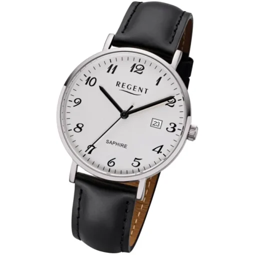 Regent Herren Armbanduhr Analog F-1229 Quarz-Uhr Leder schwarz URF1229