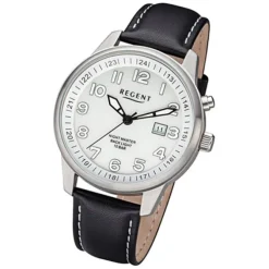 Regent Herren Armbanduhr Analog F-1237 Quarz-Uhr Leder schwarz URF1237