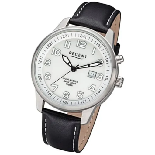 Regent Herren Armbanduhr Analog F-1237 Quarz-Uhr Leder schwarz URF1237