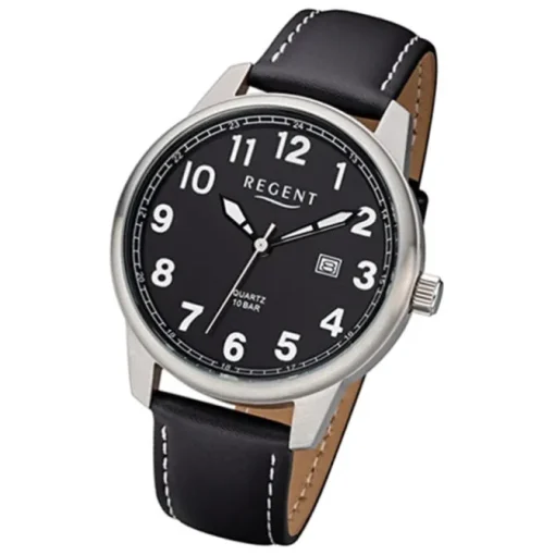 Regent Herren Armbanduhr Analog F-1238 Quarz-Uhr Leder schwarz URF1238