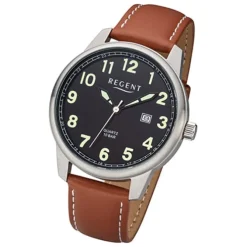 Regent Herren Armbanduhr Analog F-1239 Quarz-Uhr Leder braun URF1239