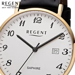 Regent Herren Armbanduhr Analog F-1230 Quarz-Uhr Leder schwarz URF1230