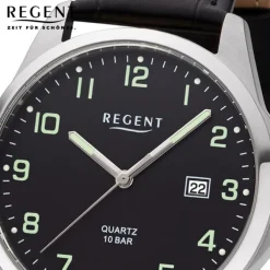 Regent Herren Armbanduhr Analog F-1227 Quarz-Uhr Leder schwarz URF1227
