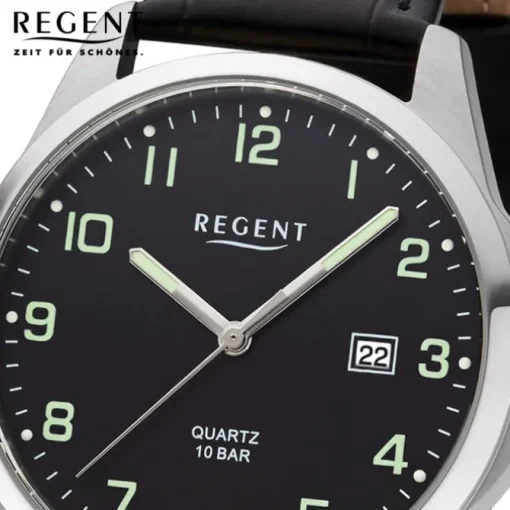 Regent Herren Armbanduhr Analog F-1227 Quarz-Uhr Leder schwarz URF1227