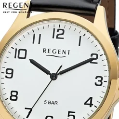 Regent Herren Armbanduhr Analog 1103482 Quarz-Uhr Leder schwarz UR1103482