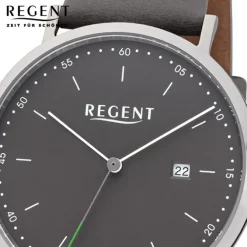 Regent Herren Armbanduhr Analog F-1142 Quarz-Uhr Leder grau URF1142