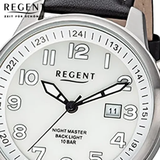Regent Herren Armbanduhr Analog F-1237 Quarz-Uhr Leder schwarz URF1237