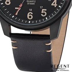 Regent Herren Armbanduhr Analog Lederarmband schwarz braun URF1253