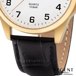 Regent Herren Armbanduhr Analog F-1226 Quarz-Uhr Leder schwarz URF1226