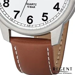 Regent Herren Armbanduhr Analog Lederarmband braun weiß URF1256