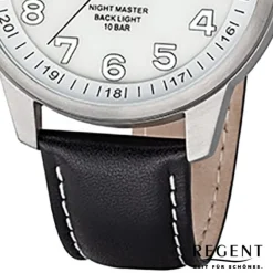Regent Herren Armbanduhr Analog F-1237 Quarz-Uhr Leder schwarz URF1237