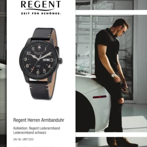 Regent Herren Armbanduhr Analog Lederarmband schwarz braun URF1253