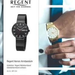 Regent Herren Armbanduhr Analog Edelstahlarmband schwarz URF1355