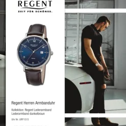 Regent Herren Armbanduhr Analog Lederarmband dunkelbraun URF1515