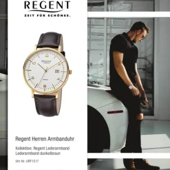 Regent Herren Armbanduhr Analog Lederarmband dunkelbraun URF1517