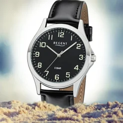 Regent Herren Armbanduhr Analog 1112420 Quarz-Uhr Leder schwarz UR1112420