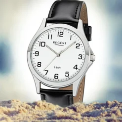 Regent Herren Armbanduhr Analog 1112422 Quarz-Uhr Leder schwarz UR1112422
