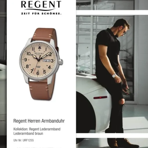 Regent Herren Armbanduhr Analog Lederarmband braun hellbraun URF1255