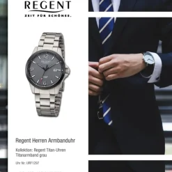 Regent Herren Armbanduhr Analog Titanarmband grau URF1297