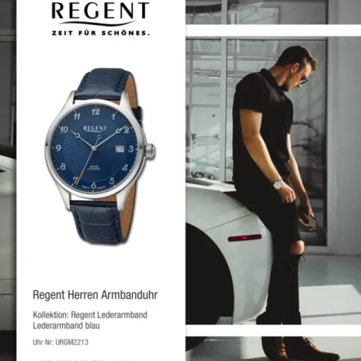 Regent Herren Armbanduhr Analog Lederarmband blau URGM2213