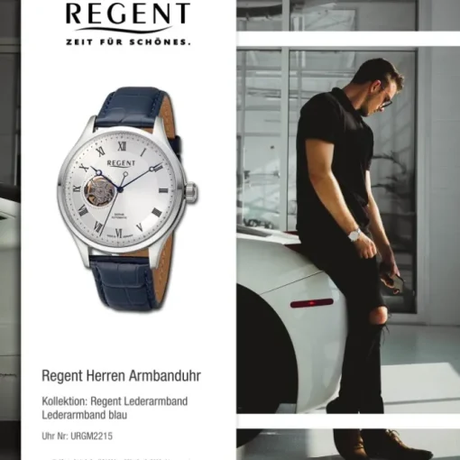 Regent Herren Armbanduhr Analog Lederarmband blau URGM2215
