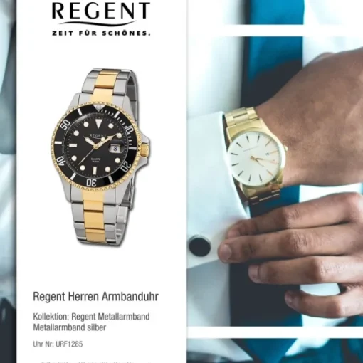 Regent Herren Armbanduhr Analog Metallarmband silber gold URF1285