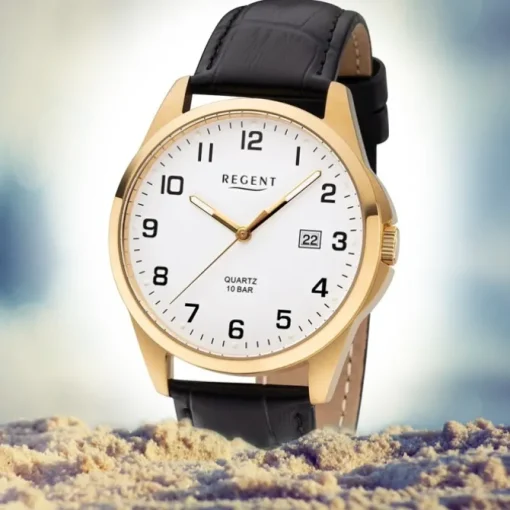 Regent Herren Armbanduhr Analog F-1226 Quarz-Uhr Leder schwarz URF1226