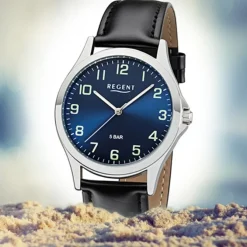 Regent Herren Armbanduhr Analog 1112421 Quarz-Uhr Leder schwarz UR1112421