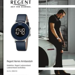 Regent Herren Armbanduhr Digital Lederarmband dunkelblau URBA783