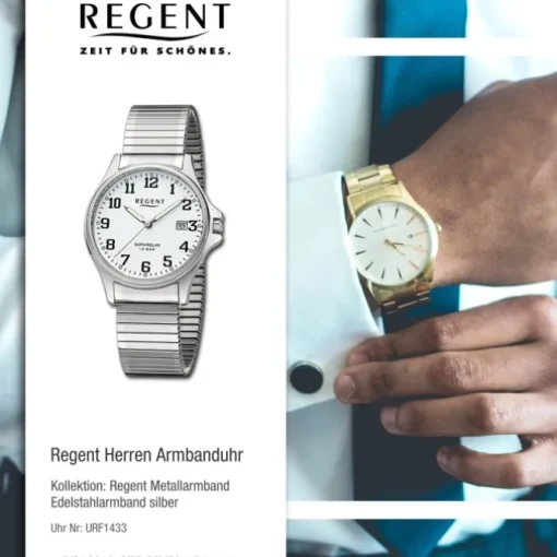 Regent Herren Armbanduhr Analog Edelstahlarmband silber URF1433