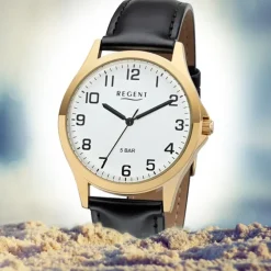 Regent Herren Armbanduhr Analog 1103482 Quarz-Uhr Leder schwarz UR1103482